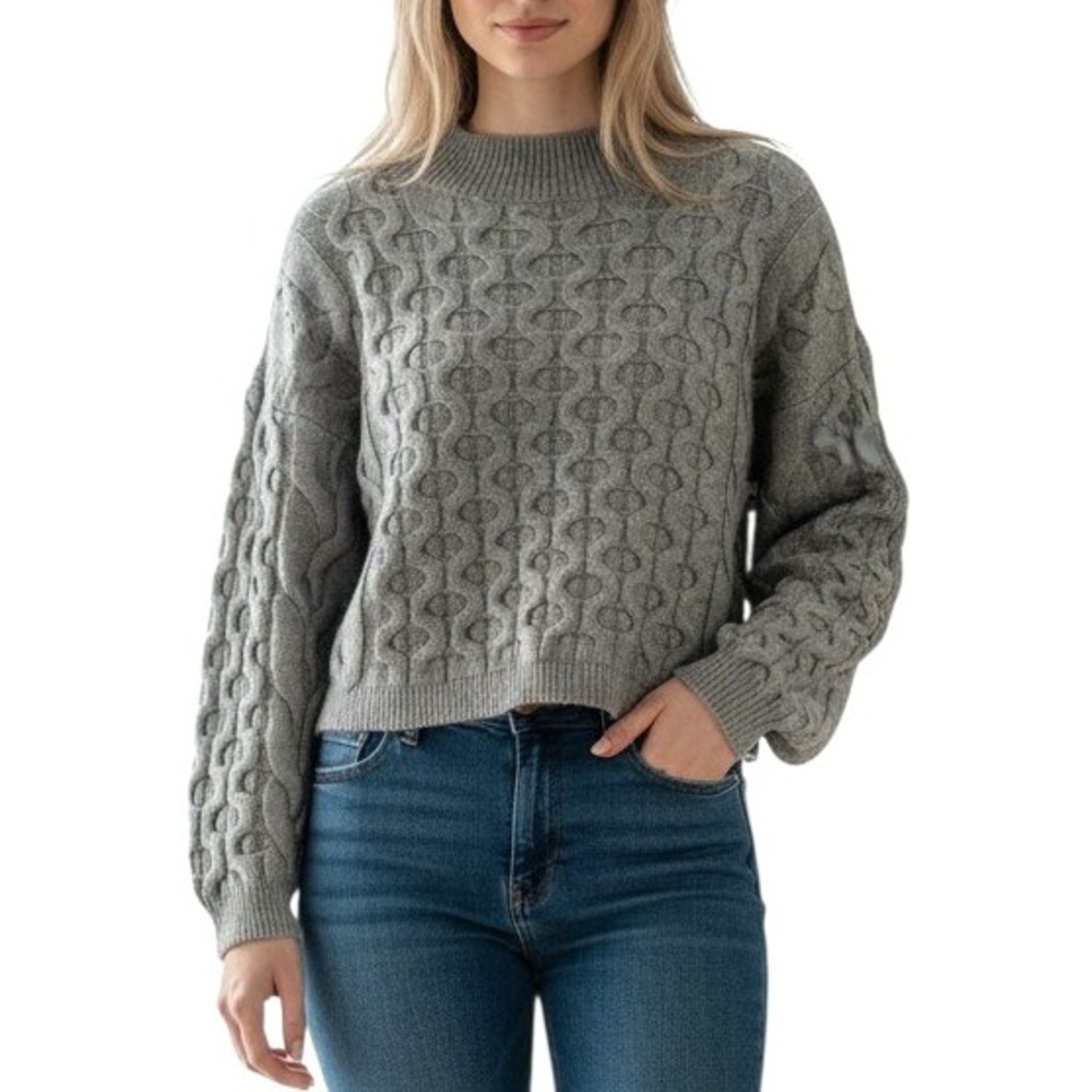 Anthropologie‎ Womens Cropped Cable Knit Sweater Gray Cozy Minimalist Size M